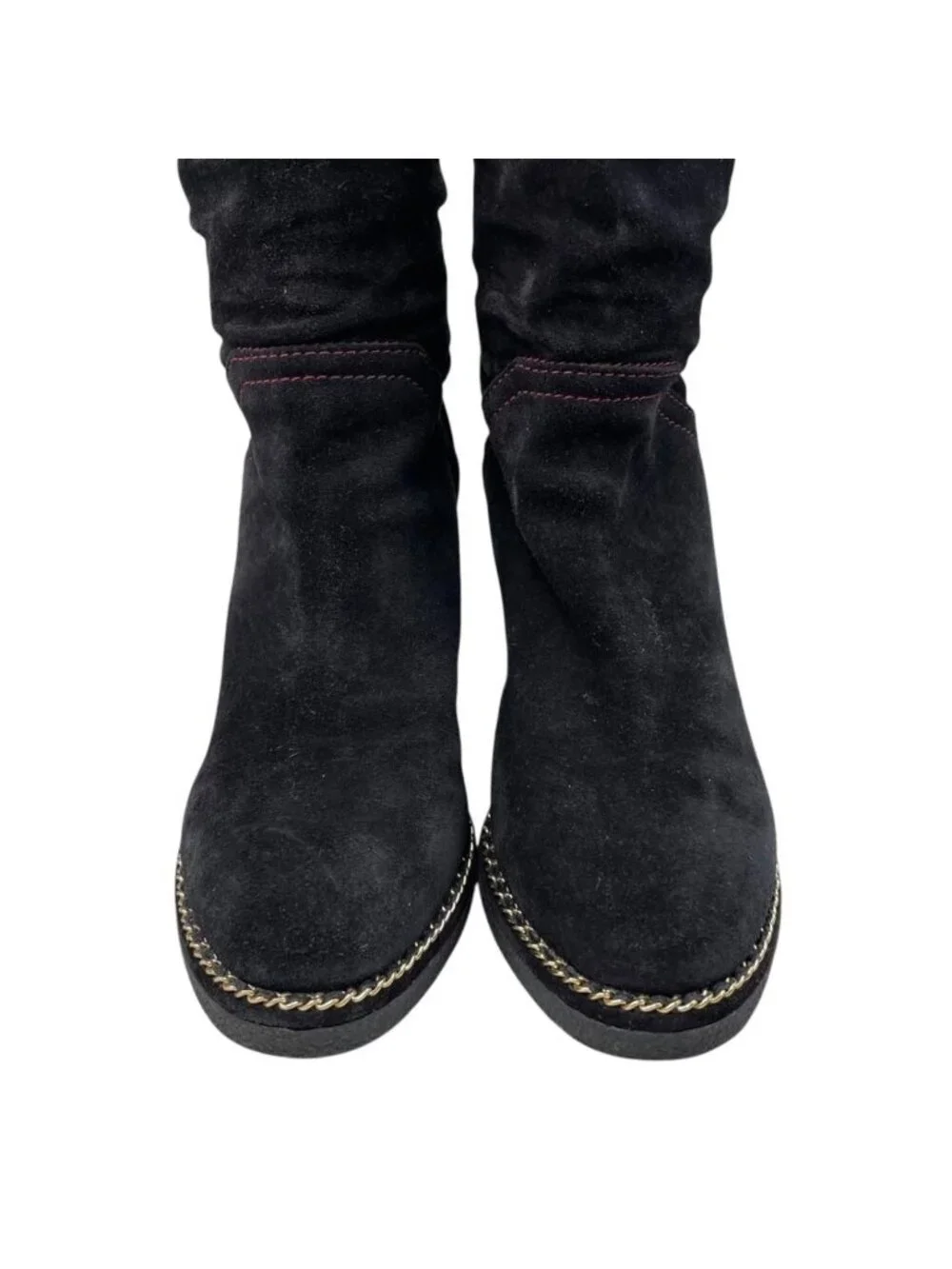Chanel Long Boots CC Logo Chain Suede Black Gold 35.5